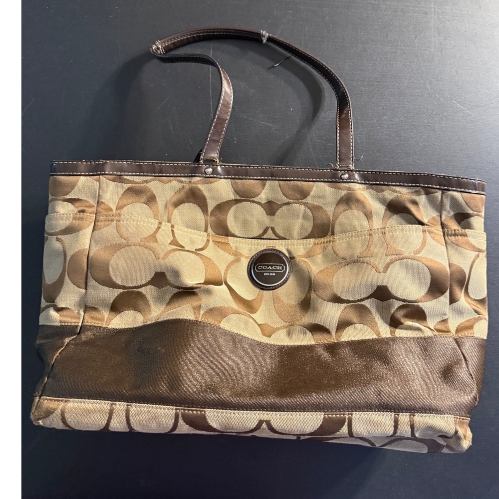 Coach F17443 Signature Stripe Multifunction Diaper Tote Bag Brown Khaki